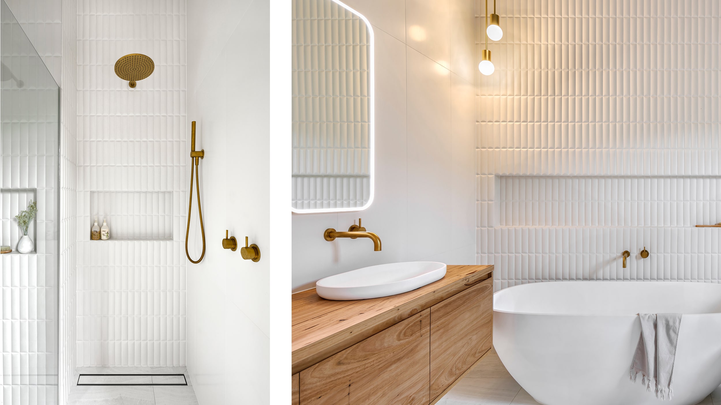 A light, walk in shower with gold tapware and white tile, as well as soaking bathtub and timber vanity.