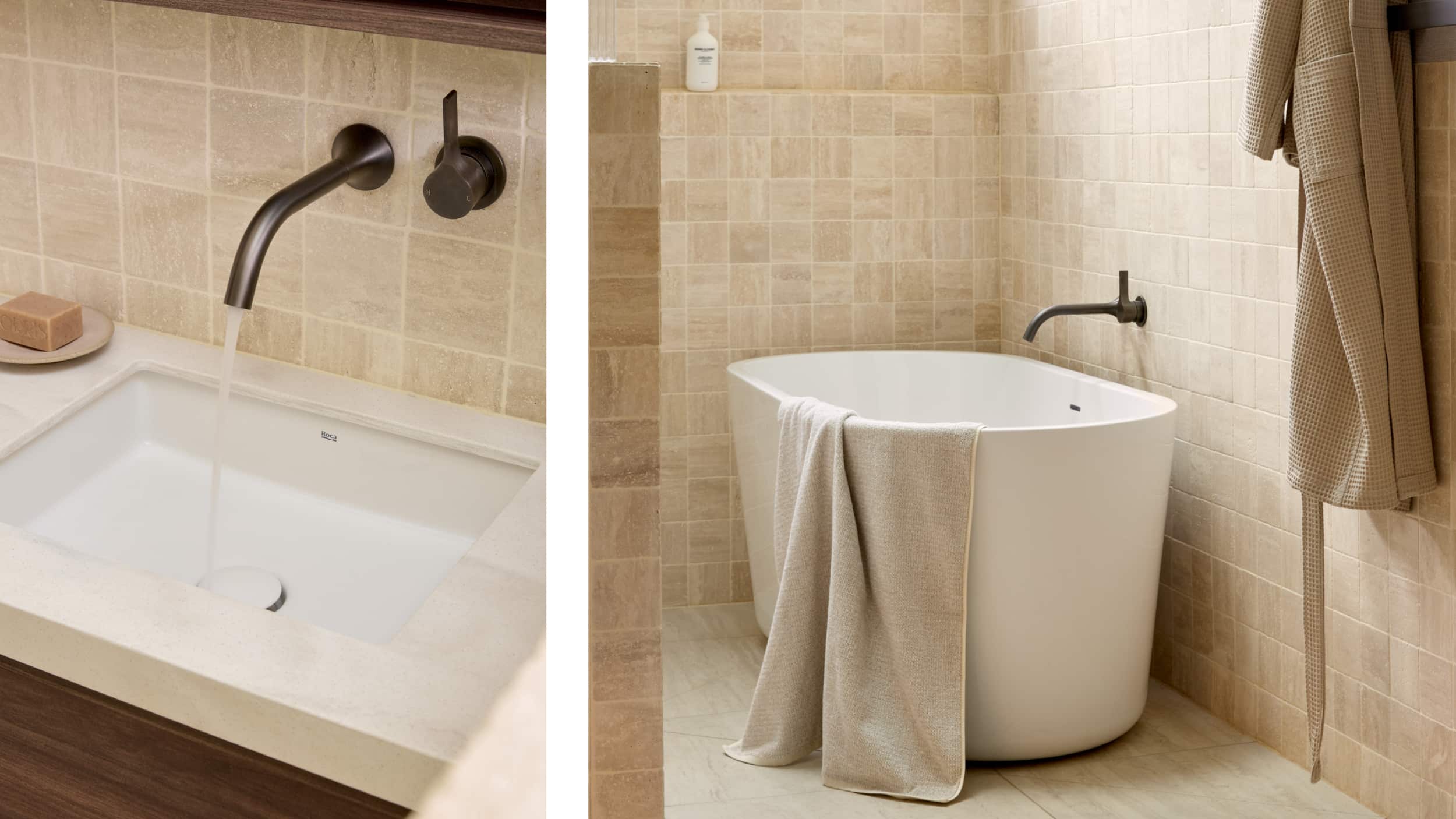 Two photos of a neutral spa-like bathroom, one featuring an undercounter basin and gunmetal basin outlet and mixer, the other focusing on a freestanding bath