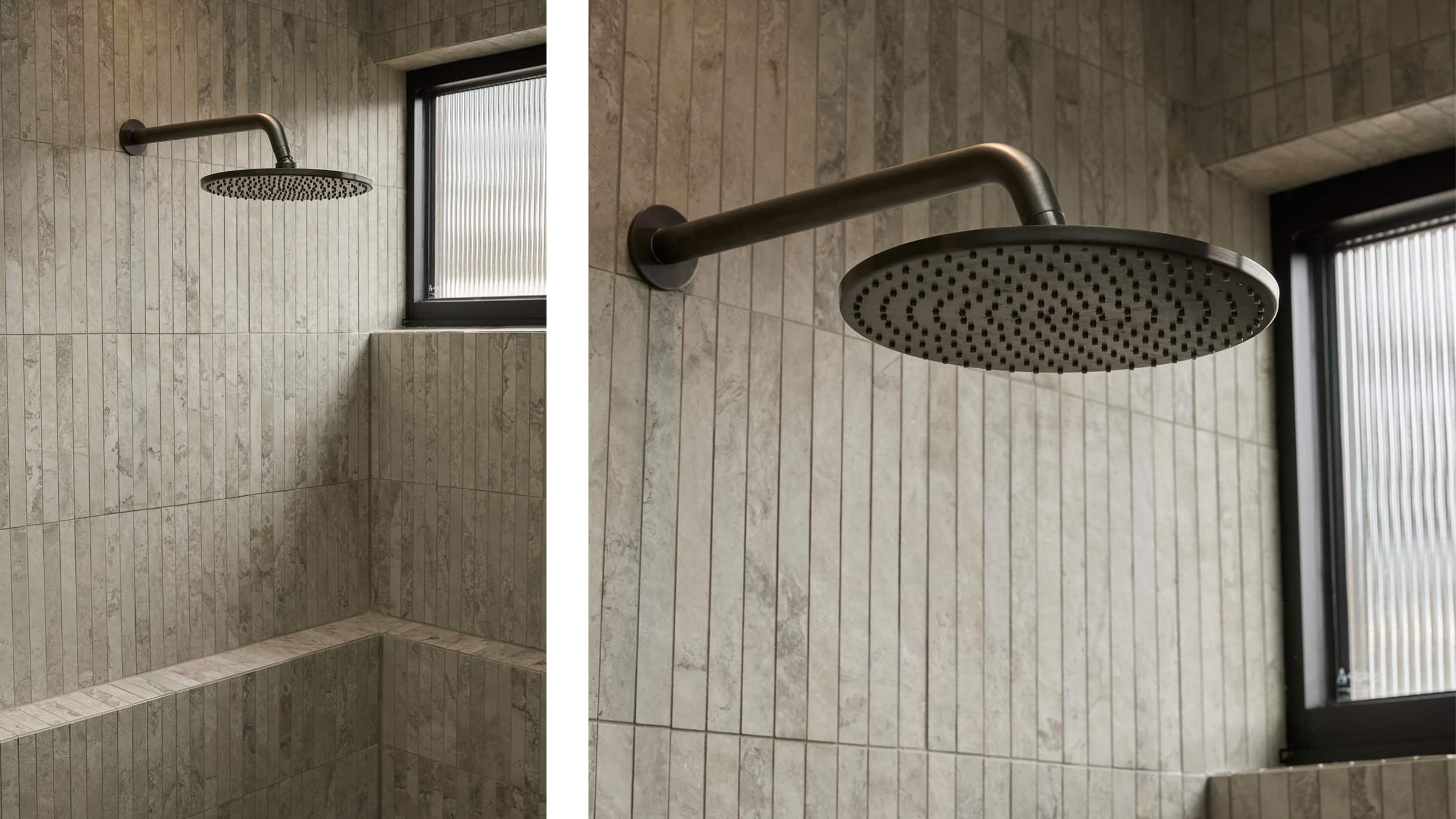 Expansive shower with brushed gunmetal showerhead