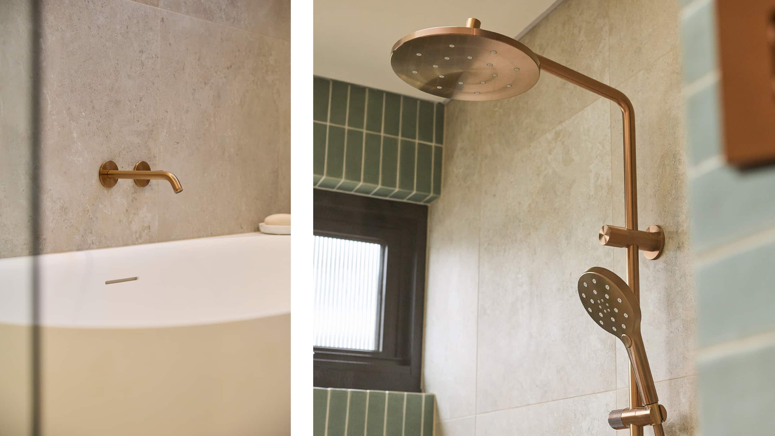 A spa-like bathroom featuring soft green tile, expansive shower with brushed bronze tapware, and deep soaking bath