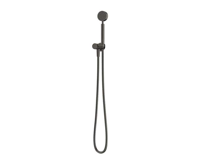 A hand shower with swivel bracket in brushed gunmetal