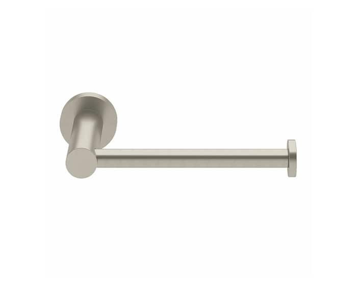 A brushed nickel toilet roll holder