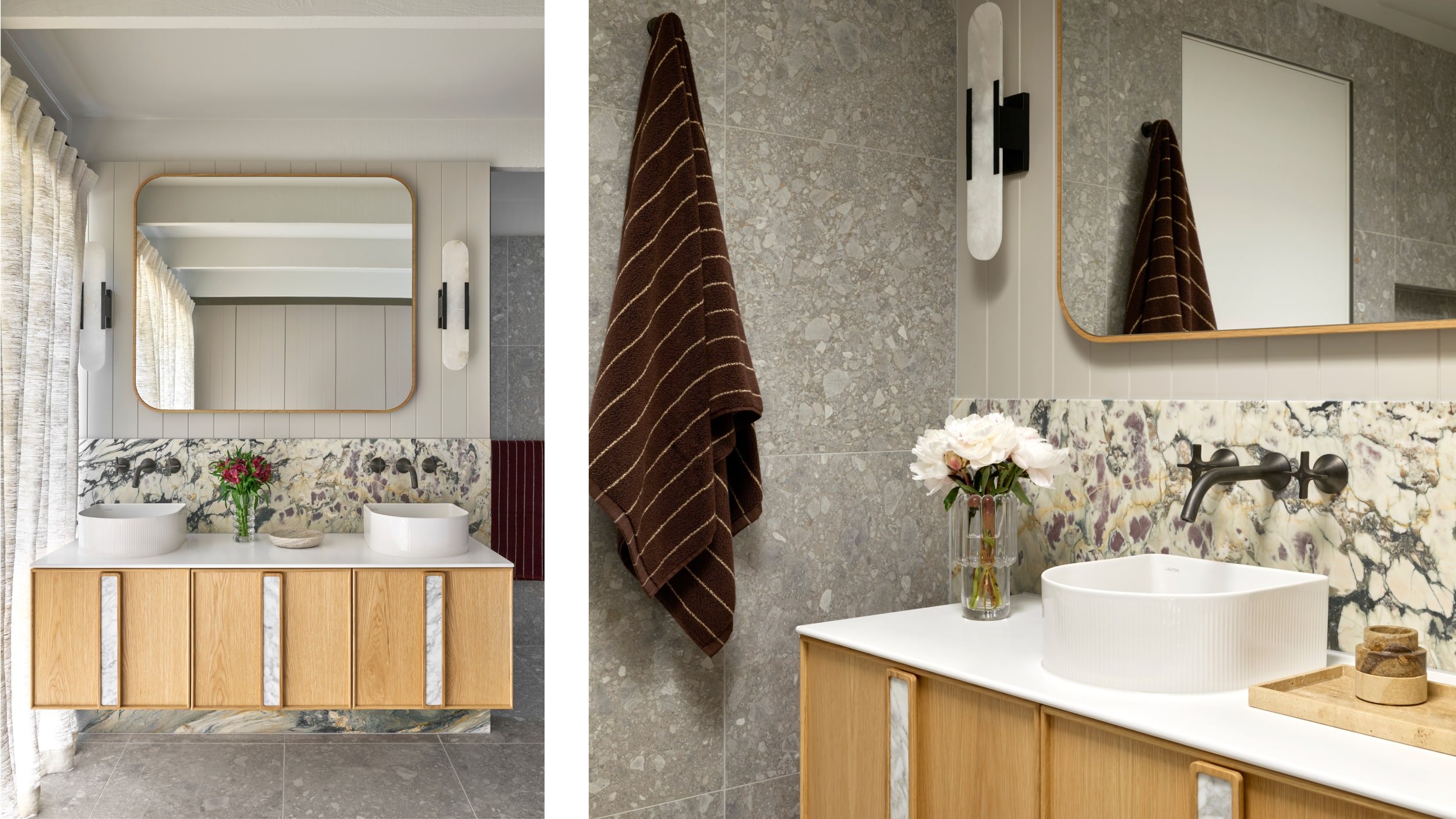 A light, bathroom with timber vanity, two basins, sculptural mirror and marble backsplash.