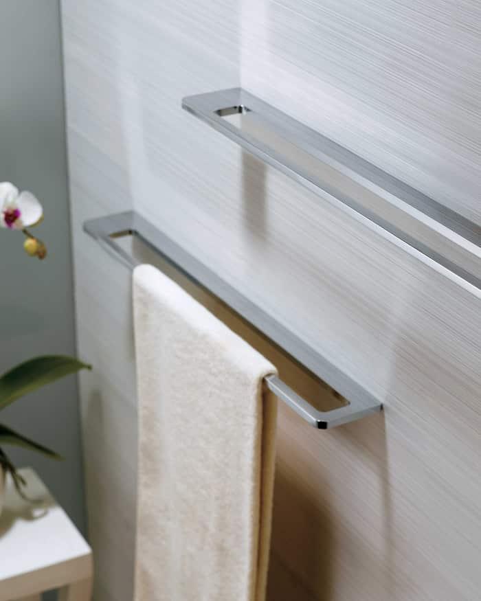 Two chrome, horizontal towel rails