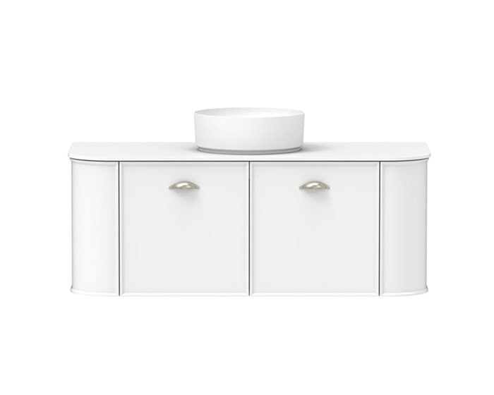 A white vanity with above counter basin
