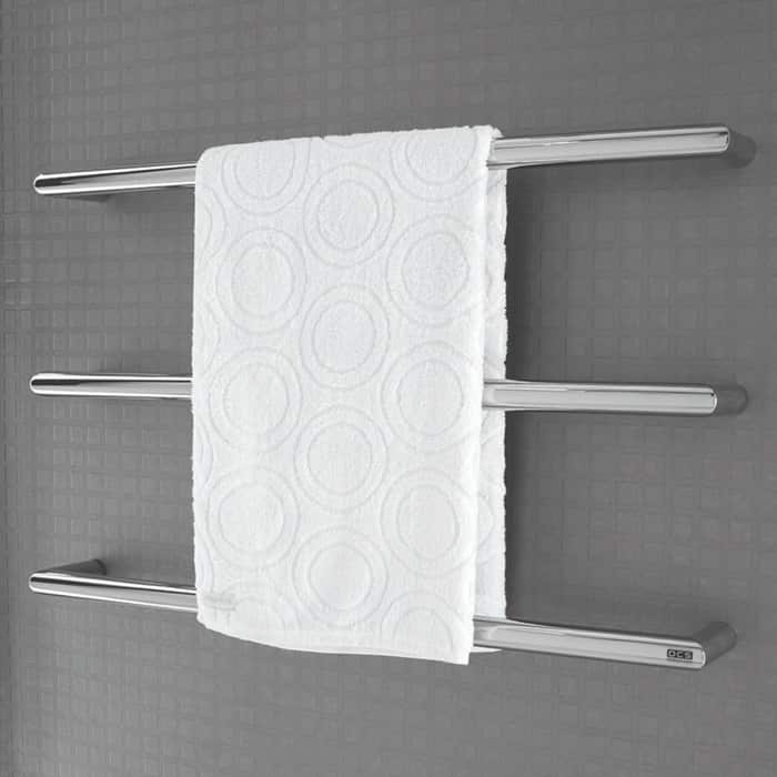Three chrome, horizontal towel rails on a wall