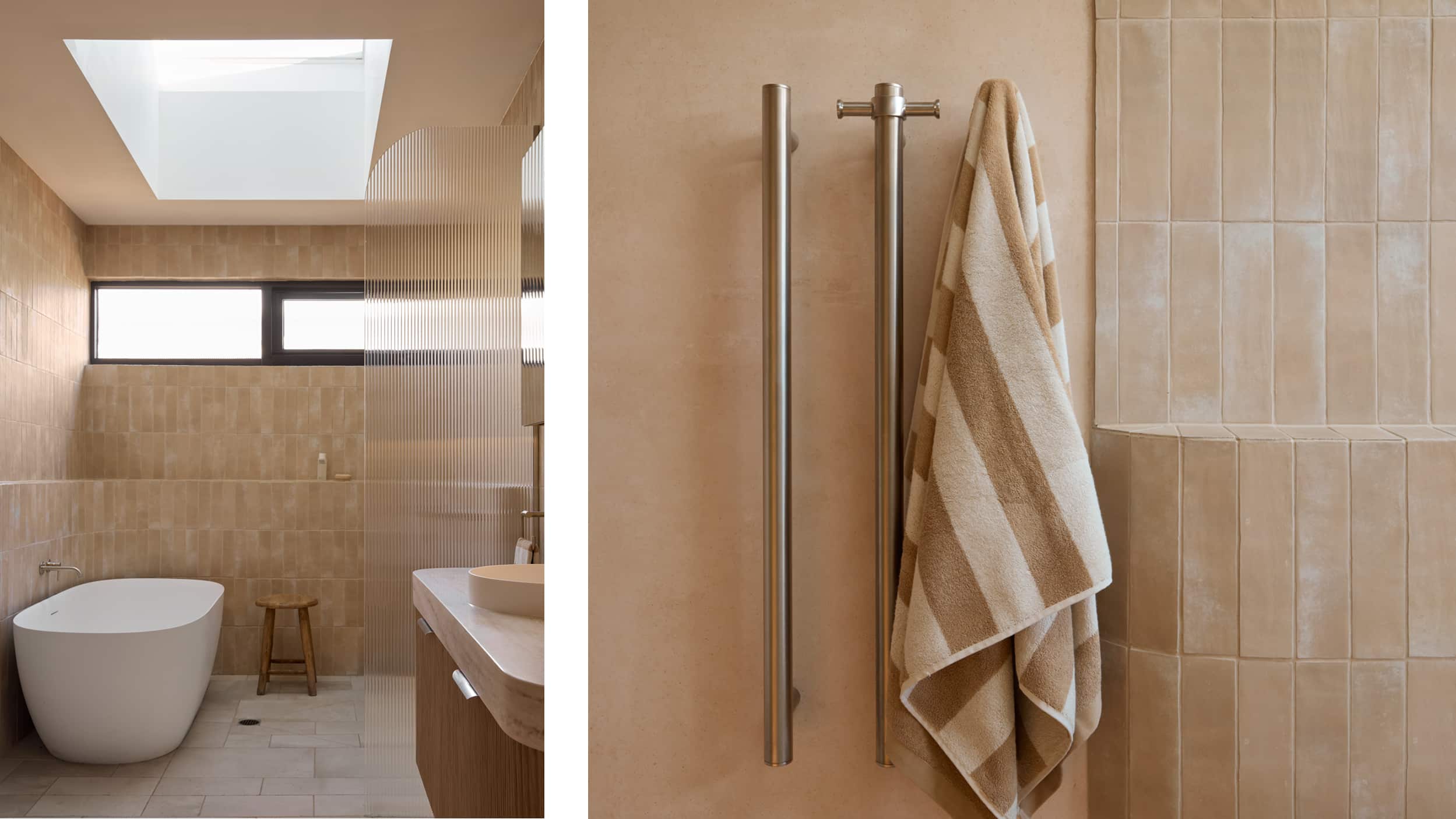 A spa-like bathroom featuring muted tile, a freestanding bath next to an expansive shower, timber vanity, and brushed nickel vertical towel rail