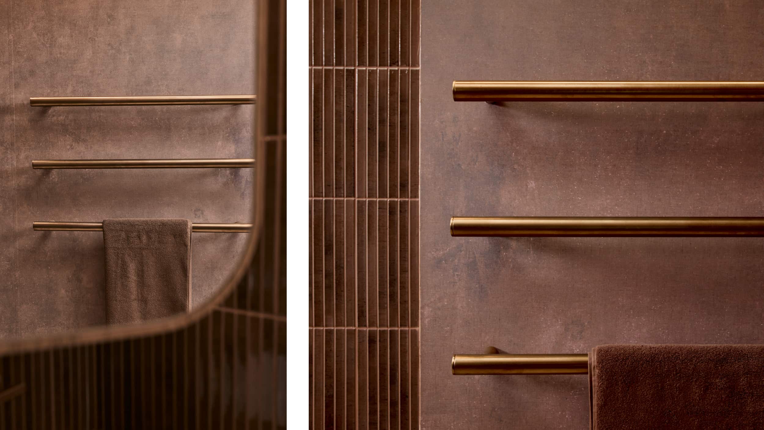 Close up shots of three, brushed bronze horizontal towel rails in a moody, berry-hued bathroom