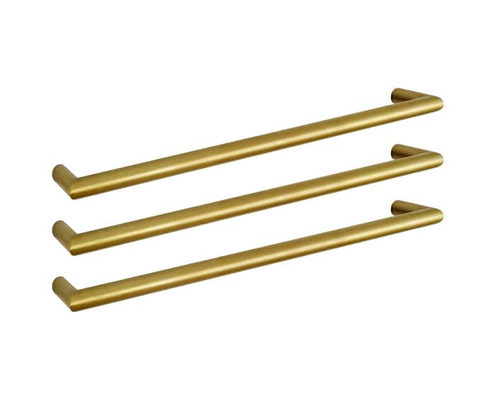 Three brushed brass horizontal towel rails
