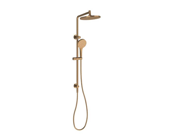 A rail shower with hand shower and shower head, in brushed bronze