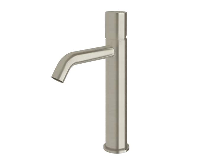 A brushed nickel basin mixer tap with curved spout