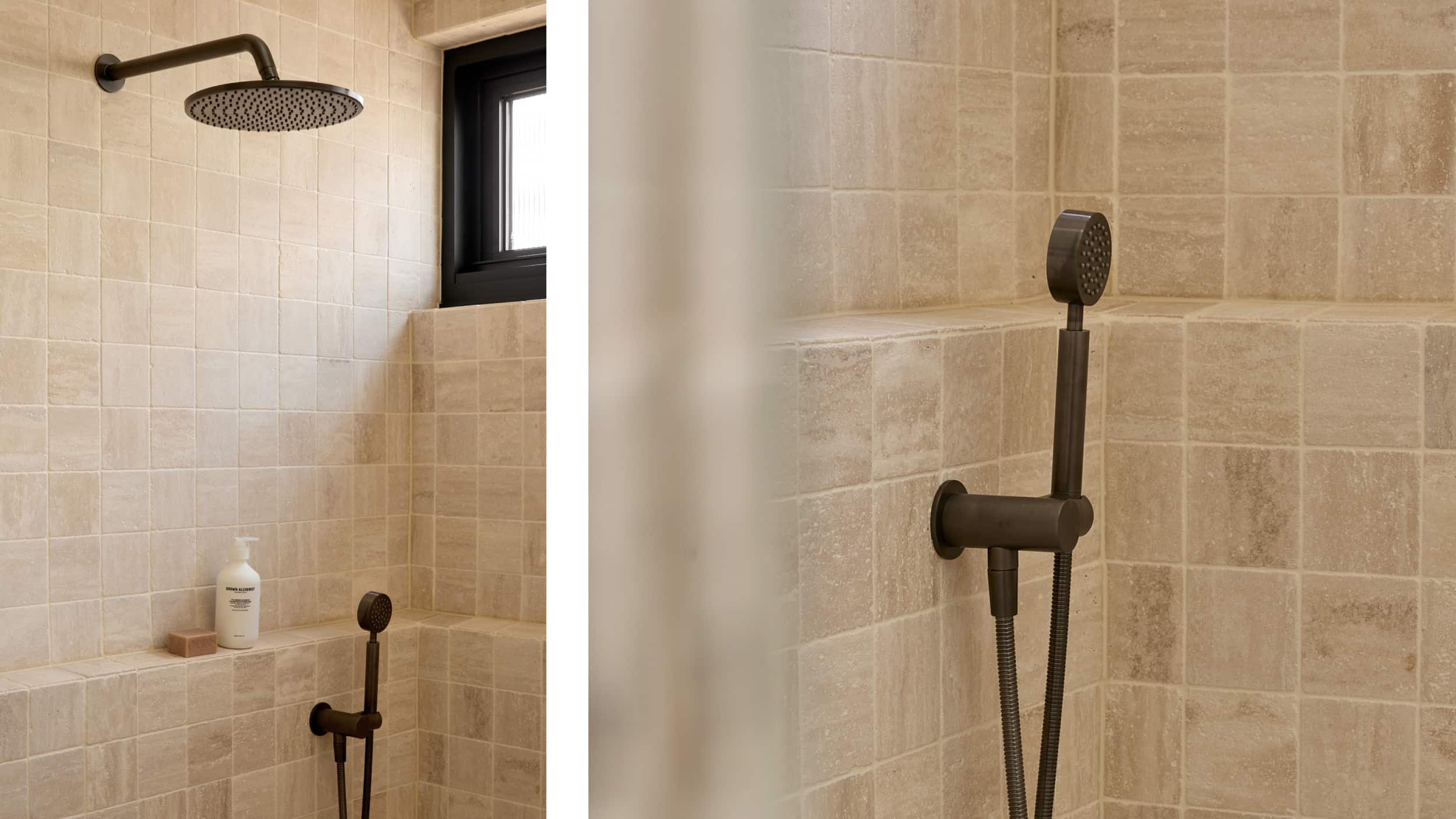 Two photos of a neutral spa-like shower, one featuring a gunmetal shower head, the other focusing on gunmetal hand shower