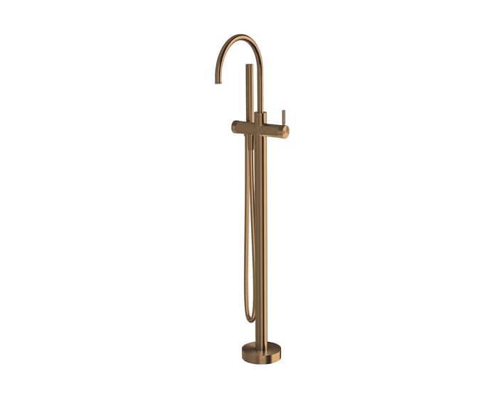 A brushed bronze floor-mounted bath mixer with hand shower