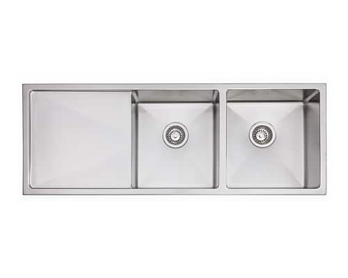 A stainless steel, double bowl sink