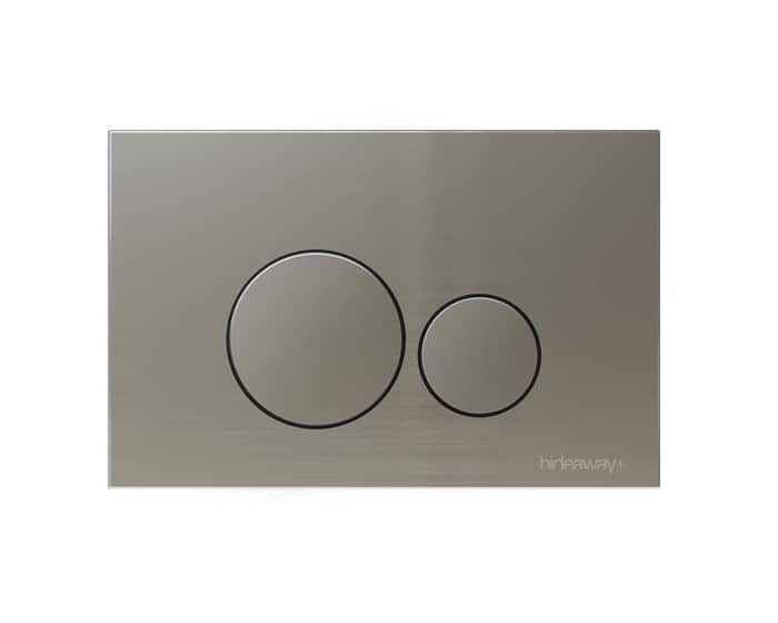 A round-button, access plate in brushed nickel