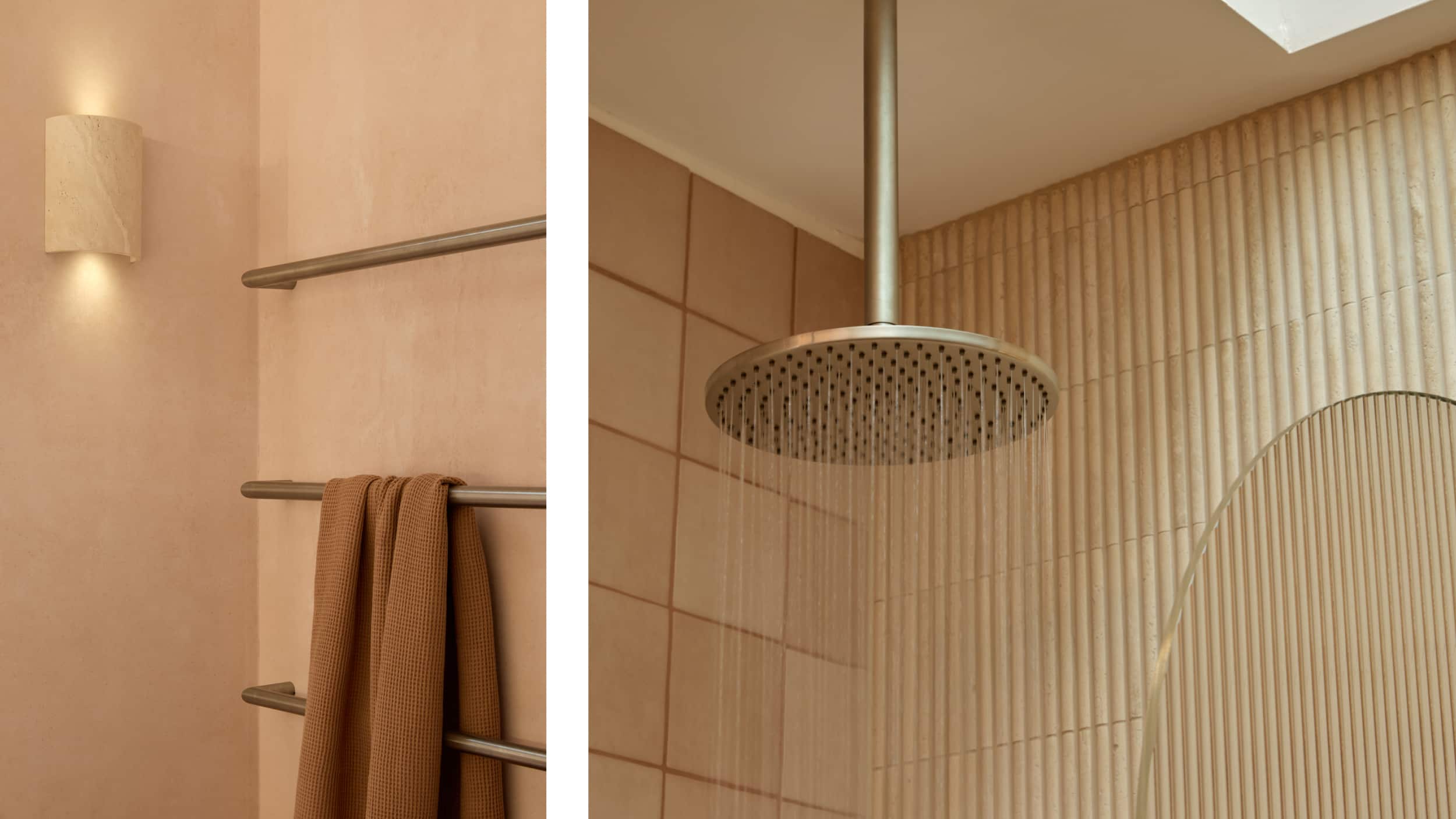 Two photos of a blush-toned bathroom, one showing three horizontal, brushed nickel towel rails, the other focusing on an overhead shower and curved, fluted shower screen