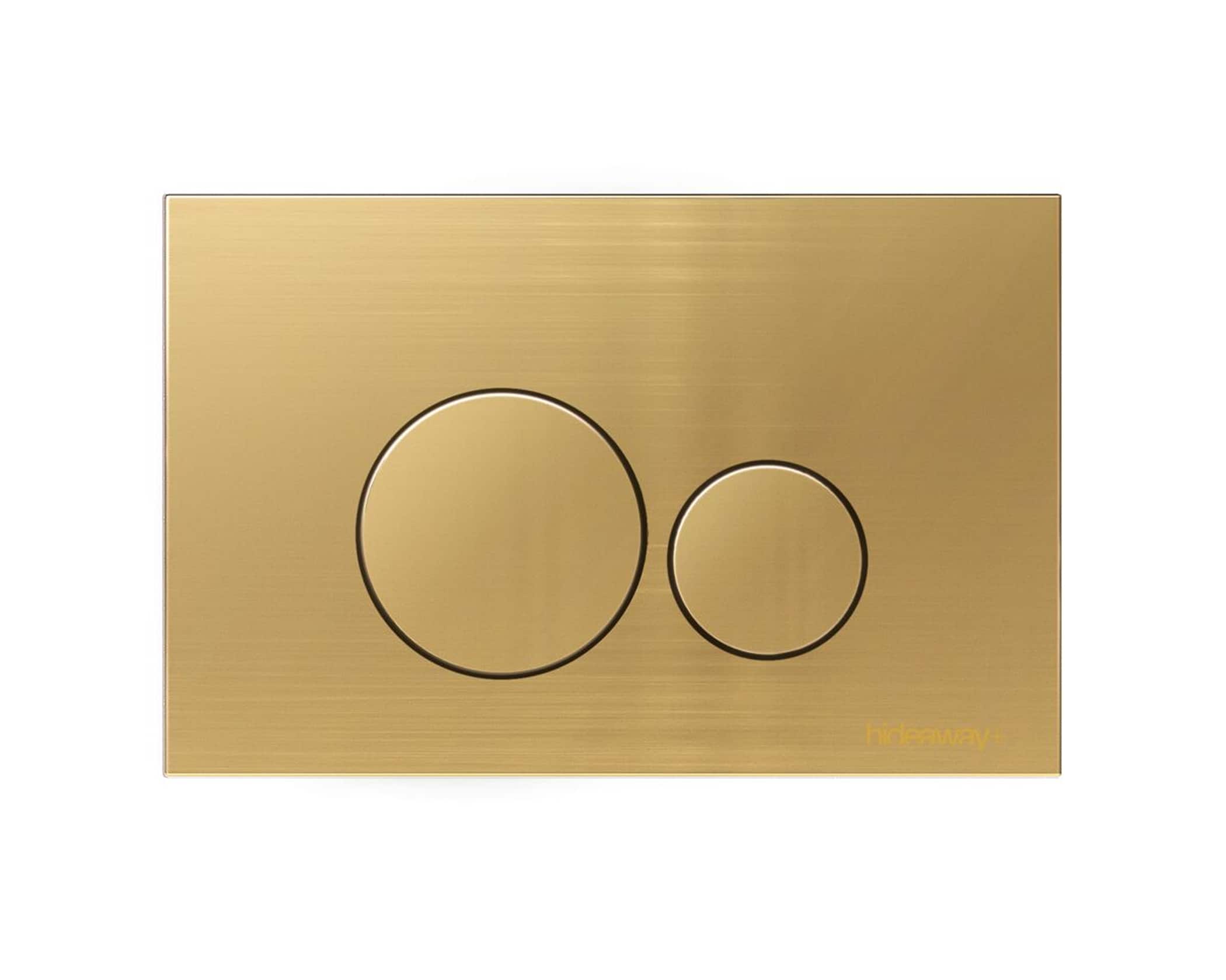 A brushed gold, round button access plate