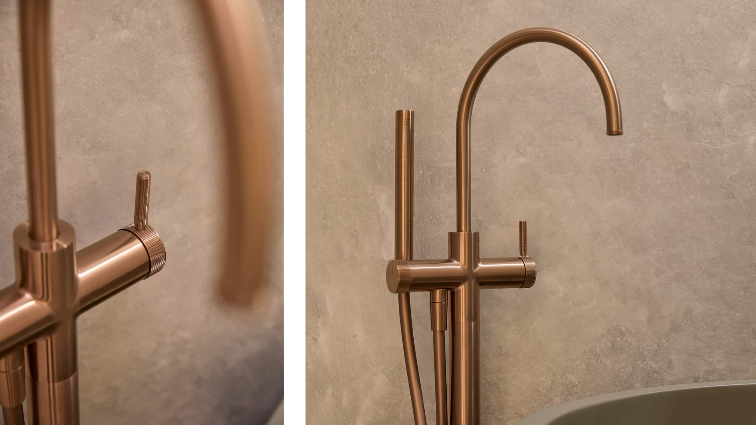 Two close up photos focusing on a brushed bronze, floor-mounted bath outlet with hand shower and mixer