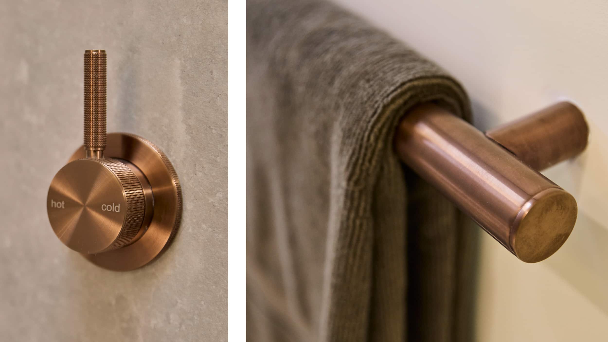 Two close up photos focusing on brushed bronze accessories in soft grey bathroom, one a shower mixer, the other a towel rail