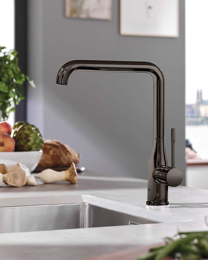 A black kitchen sink mixer