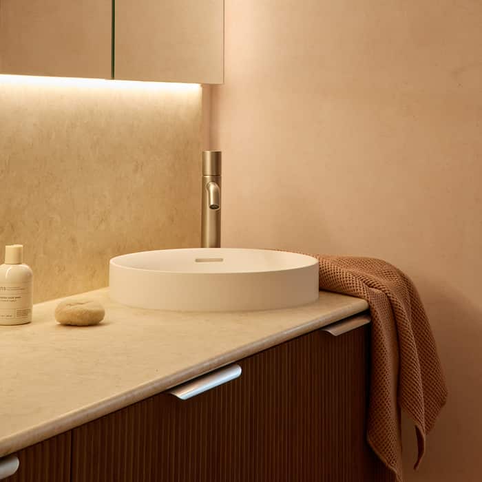 A dark timber vanity with white basin, brushed nickel tapware, and LED lighting under the mirror cabinet