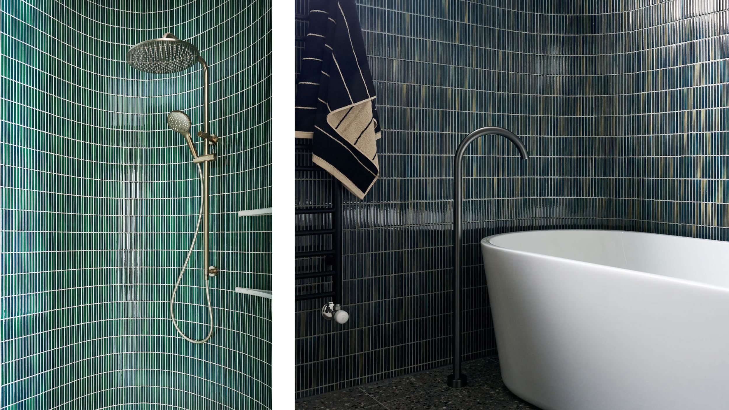 A deep green tiled shower, as well as a white deep soaking bath with floor mounted tap.