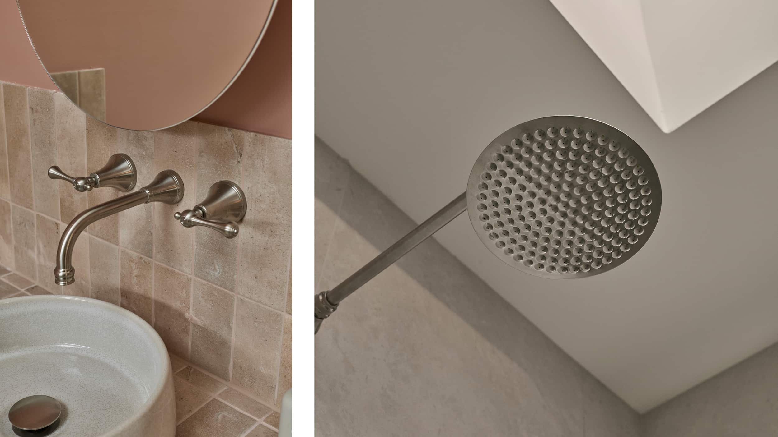 Brushed nickel tapware and showerhead in a classic bathroom