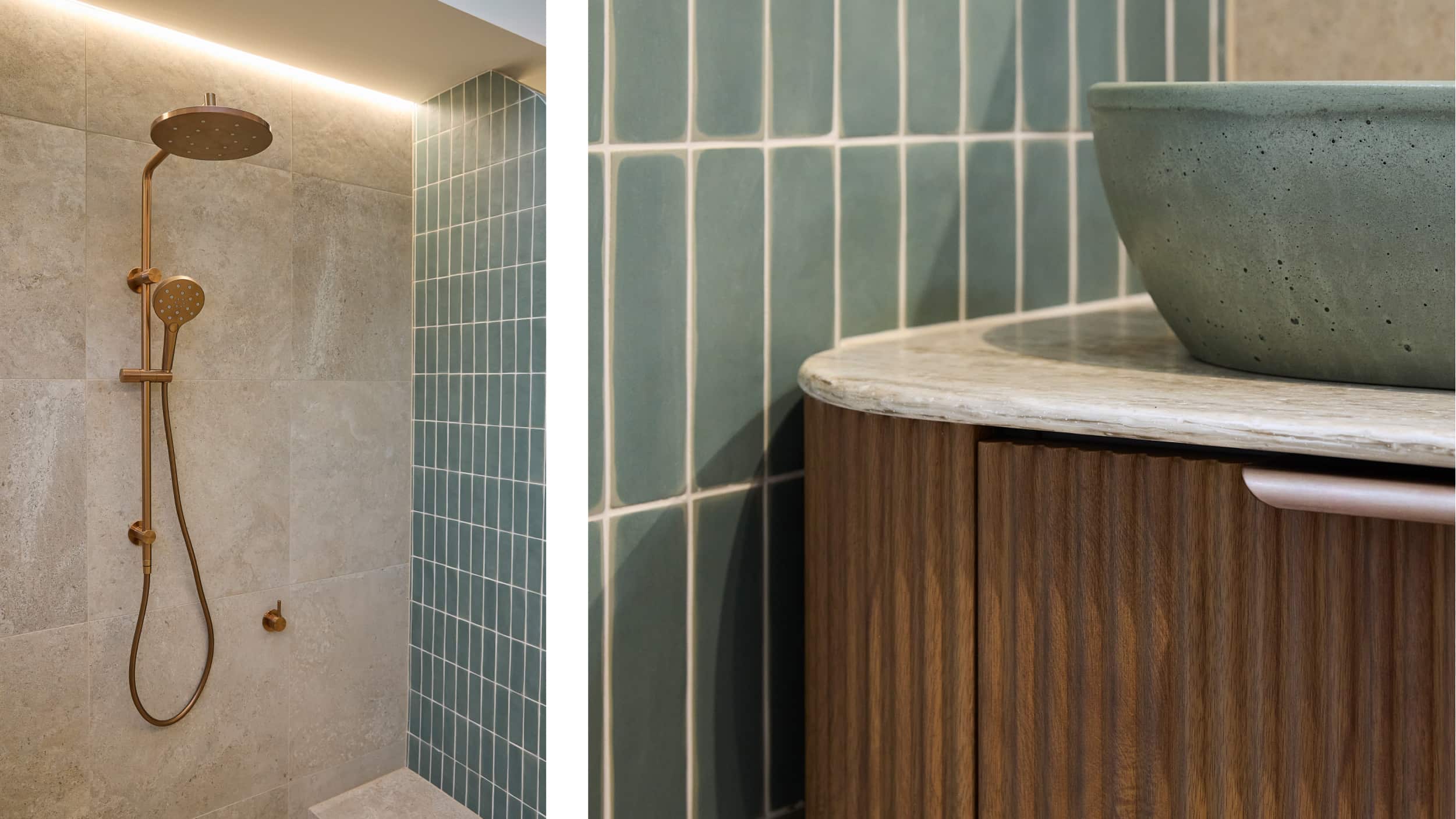 A spa-like bathroom featuring soft green tile, deep walnut vanity, and expansive shower with brushed bronze tapware