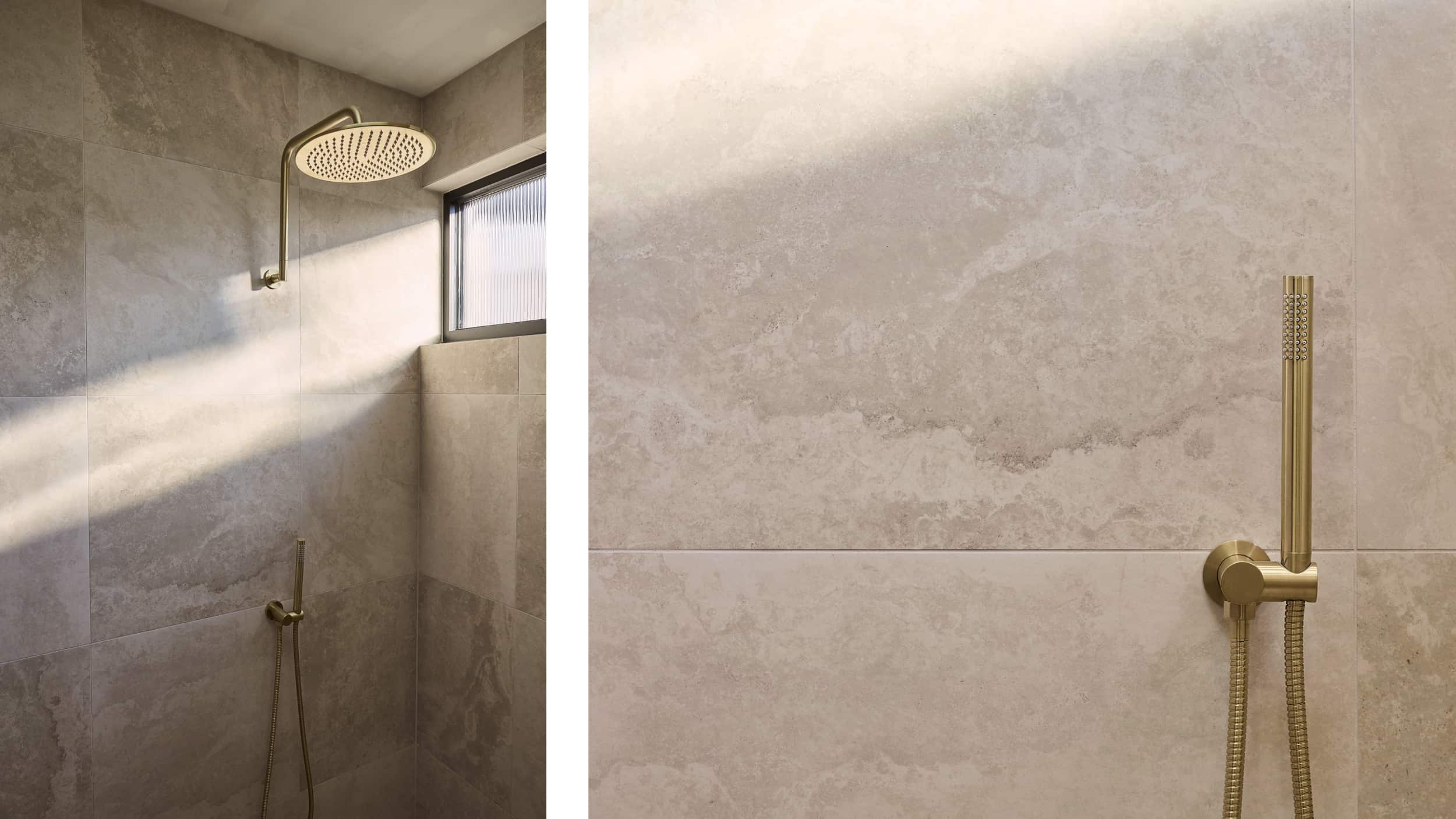 Expansive shower area with blush tile and brushed gold tapware and fixtures