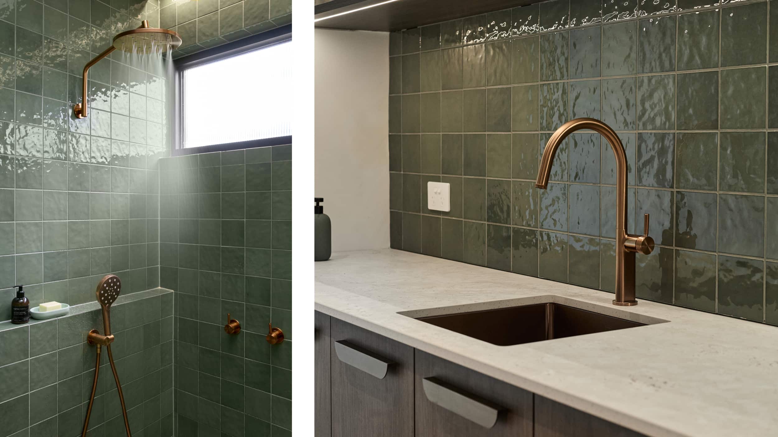 Sleek bathroom including shower with green tile, brushed bronze tapware