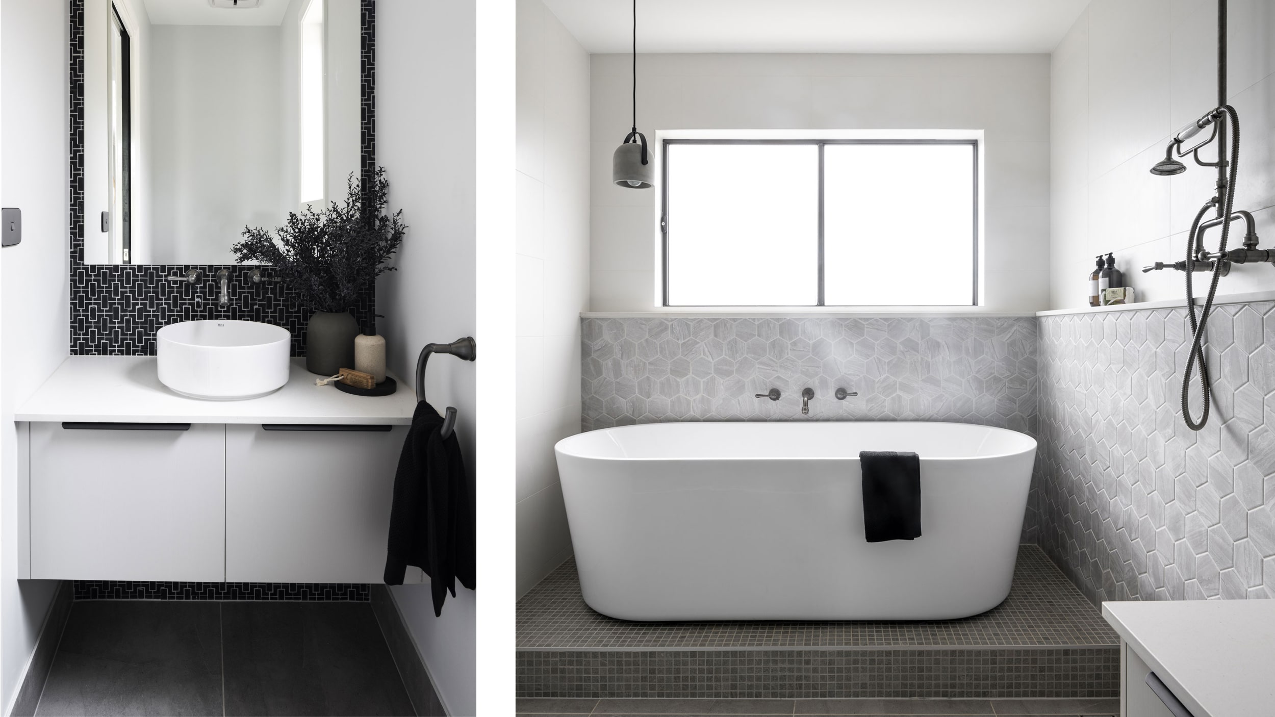 Two different bathrooms, one featuring a walk in shower room with shower and bathtub, the other with a white vanity and basin with dark feature tile wall.