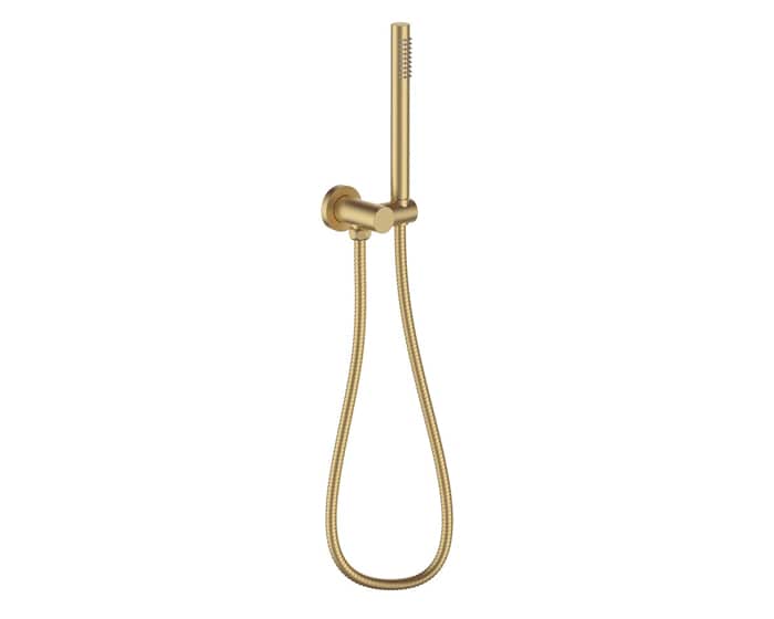 A brushed gold microphone-style handshower
