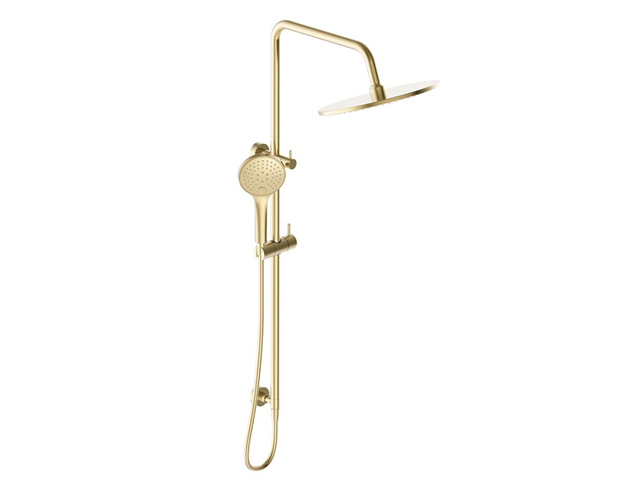 A rail shower with hand shower and shower head in brushed brass