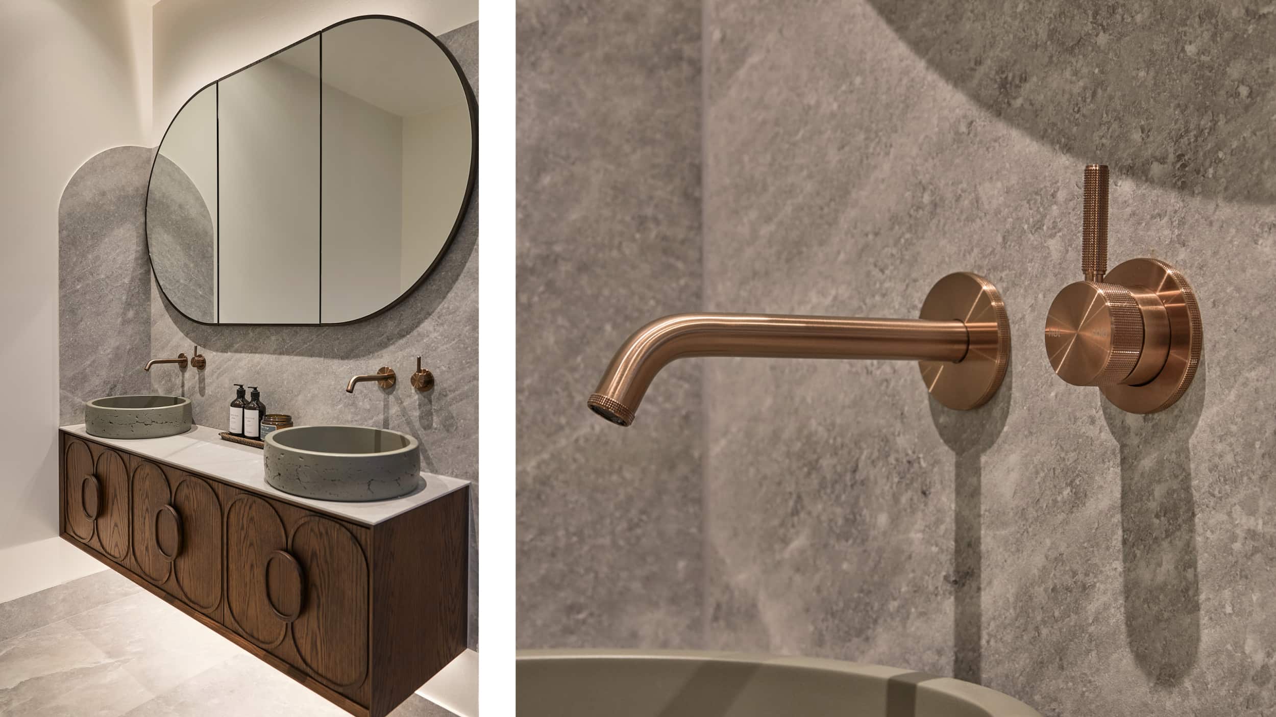 Two photos of a spa-like bathroom with soft grey walls, one featuring an intricate walnut timber vanity, grey basins and oval mirror, the other focusing on the brushed bronze basin outlet and mixer