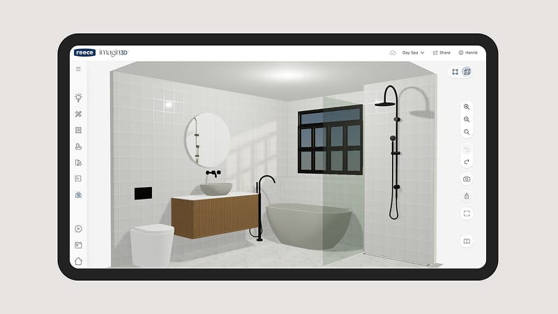 An iPad with a 3D bathroom plan, created using Imagin3D
