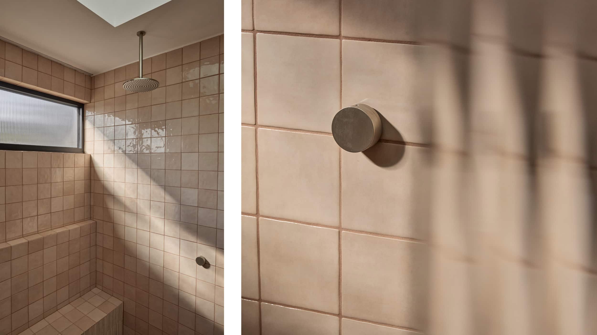 Two photos of an expansive, blush-tiled shower room, one featuring an overhead shower and long bench seat, the other focusing in on the round shower mixer seen behind fluted glass