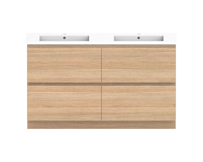 A light, natural wood, 4-drawer vanity unit