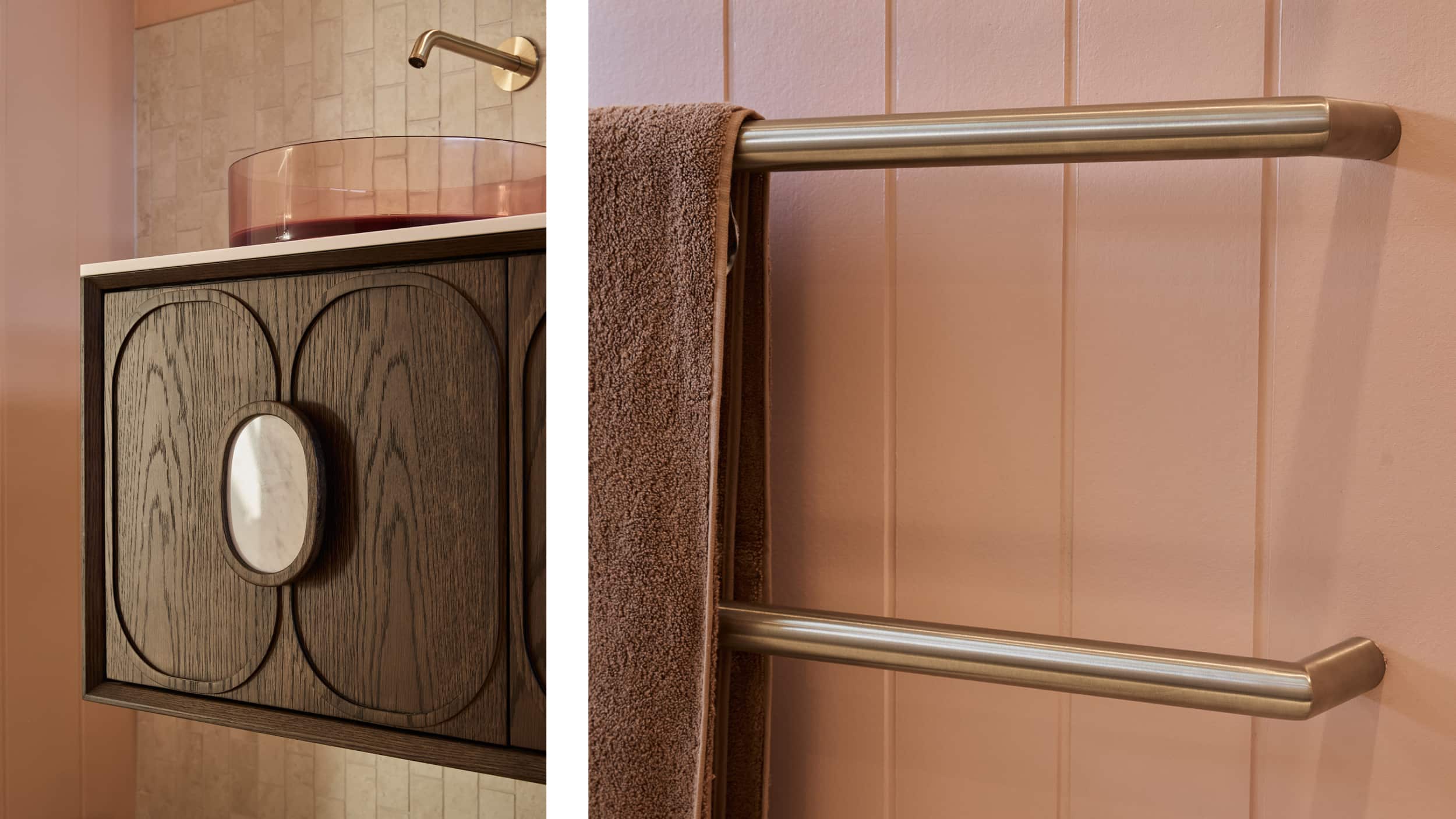 Two photos of a sleek bathroom, one featuring a walnut vanity, blush tile, brushed gold tapware, and resin basin, the other focusing on two horizontal brushed gold towel rails