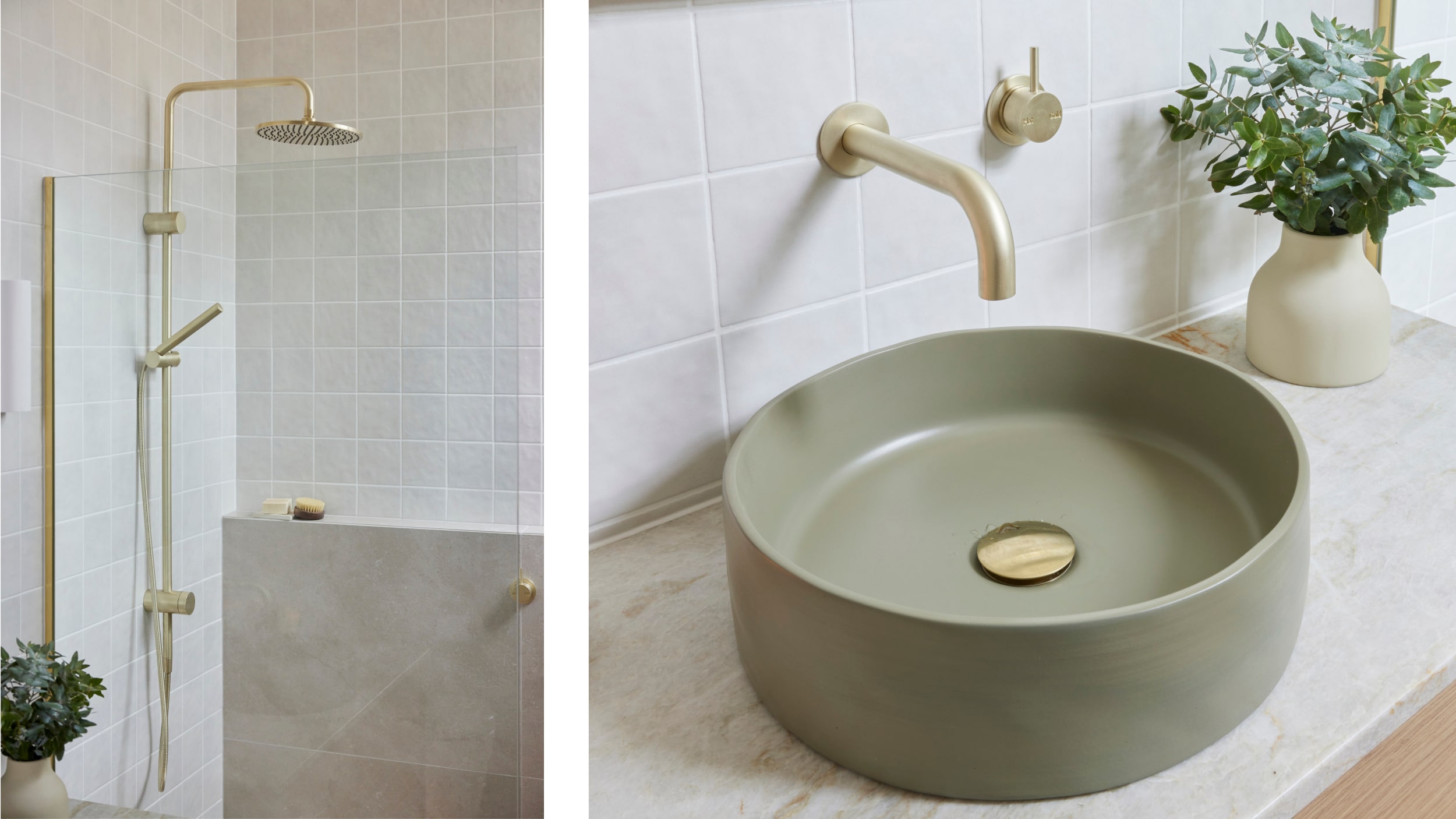 A light, bright bathroom with walk in shower, timber vanity, sage green basin, and brushed gold tapware.