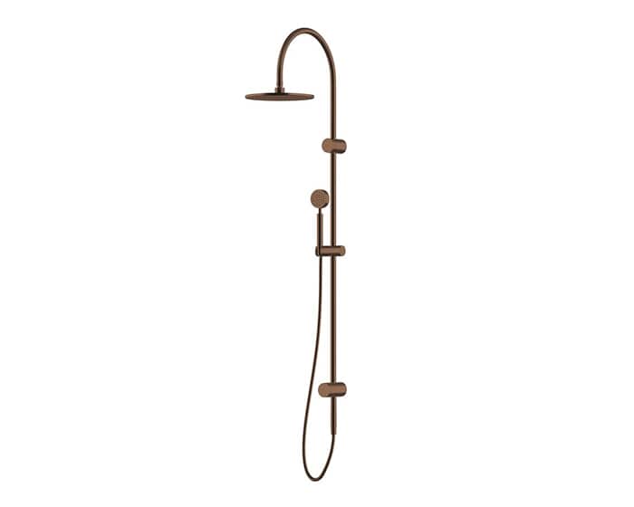 A brushed bronze, twin rail shower
