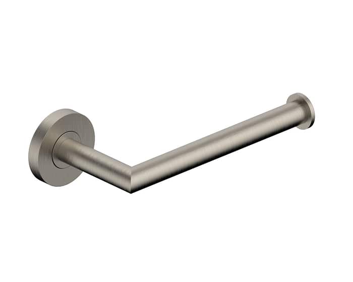 A toilet roll holder in brushed nickel