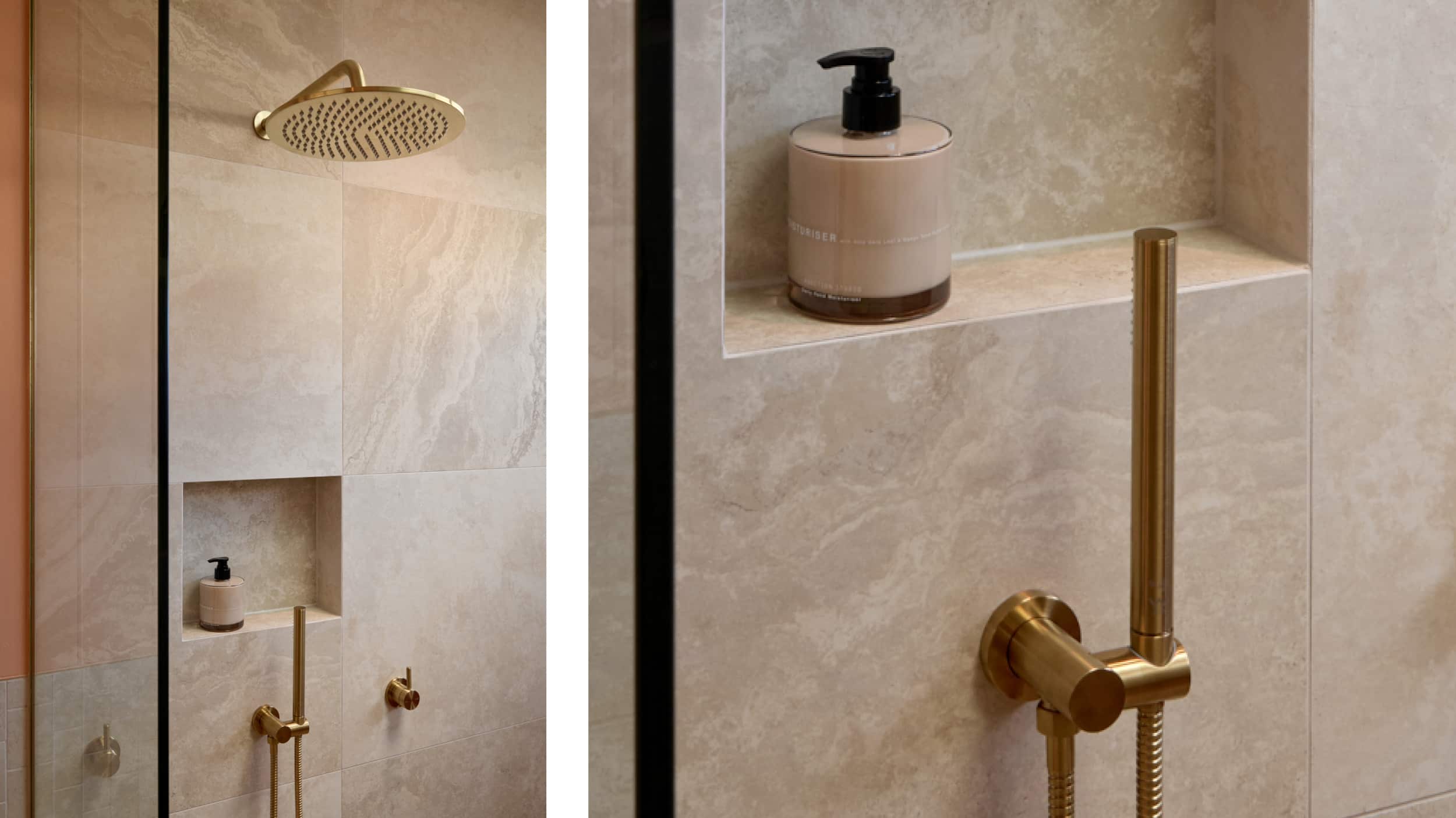 Two photos of a sleek shower area featuring blush tile, one featuring a brushed gold shower head and tapware, the other focusing on the brushed gold microphone-style hand shower