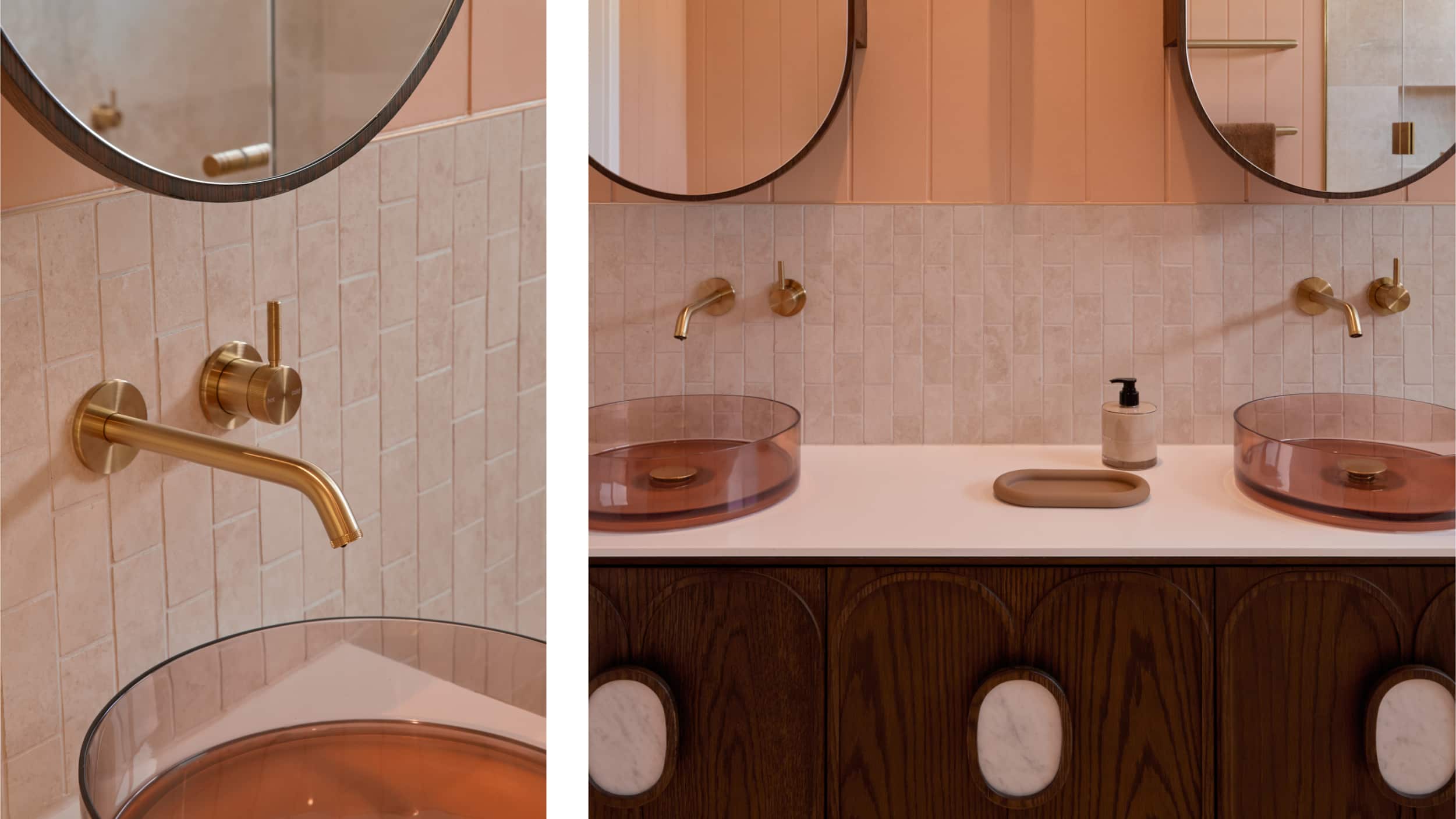 Two photos of a sleek bathroom, one featuring a walnut vanity, blush tile, brushed gold tapware, two oval mirrors and resin basins, the other focusing on the tapware