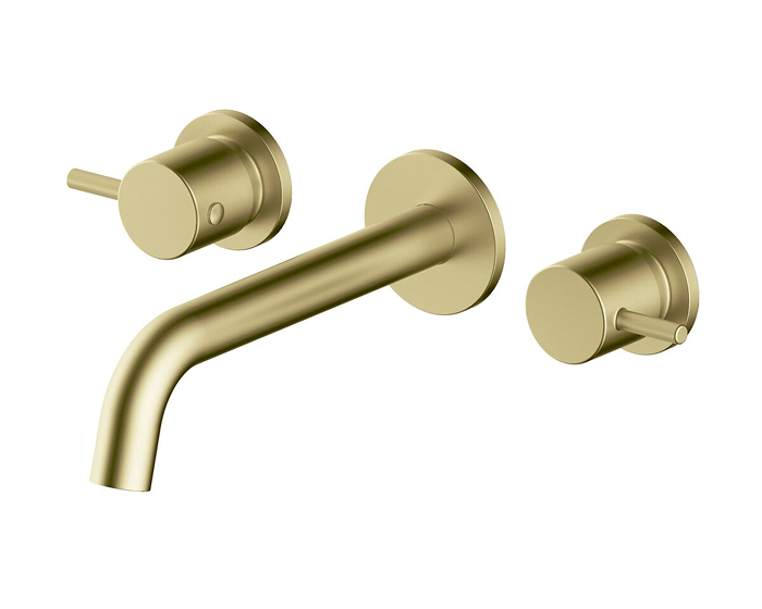 A bath outlet and two mixers in brushed brass