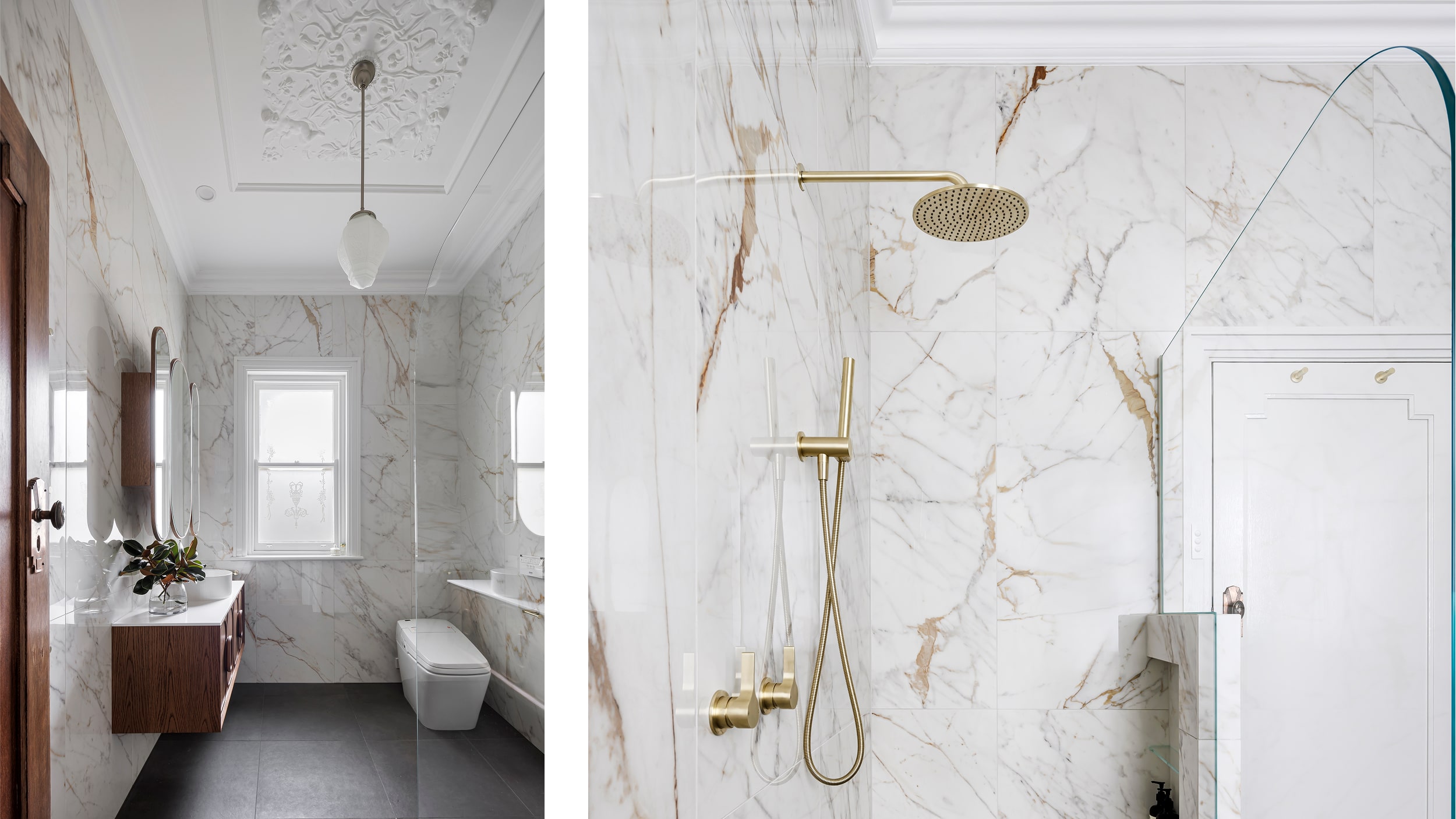 A luxurious white marble bathroom featuring a modern shower with a gold shower head.