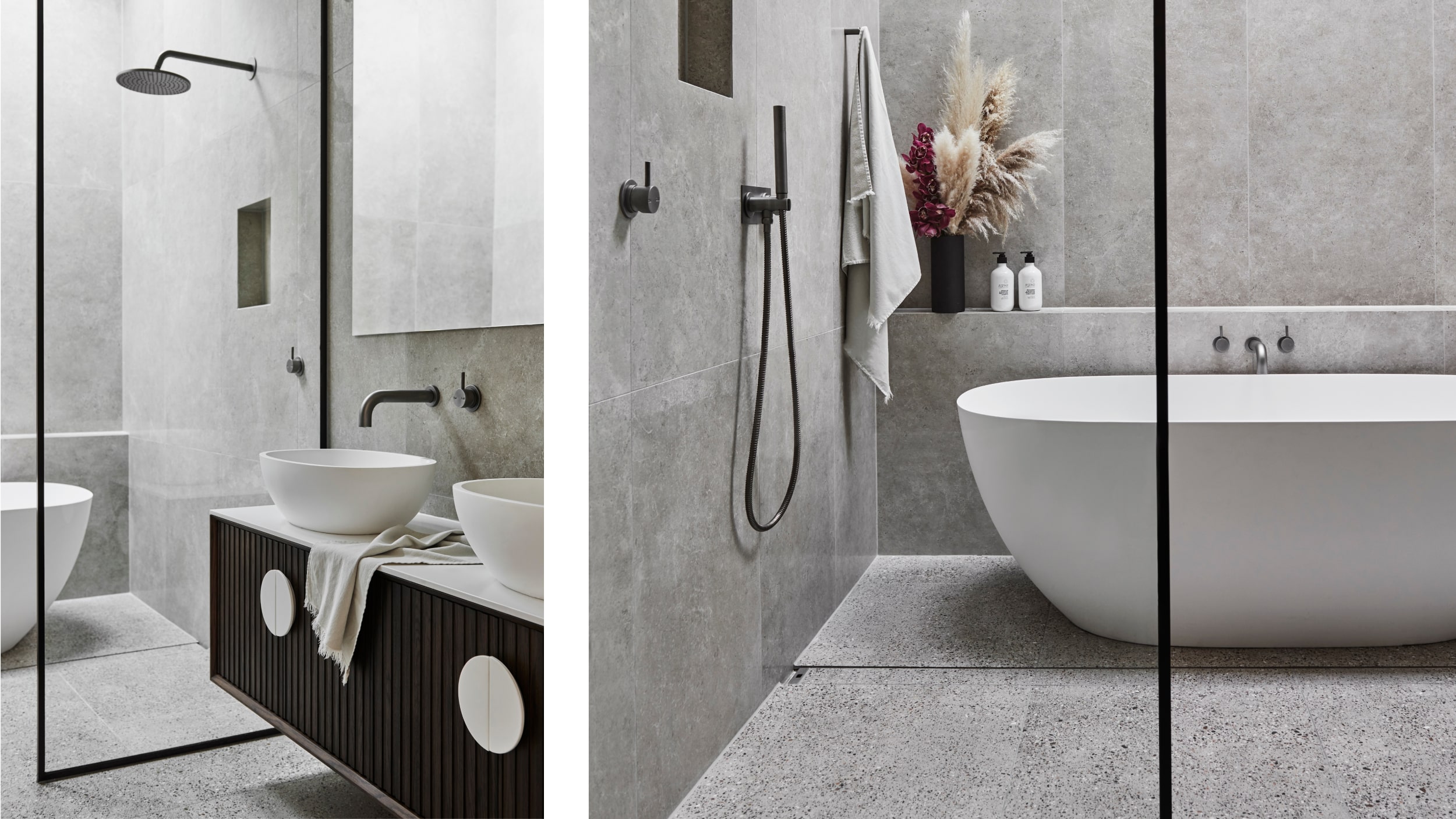 A modern bathroom featuring an expansive shower room with bathtub and shower, next to a dark timber vanity with white basins and large mirror.