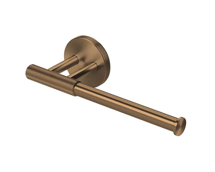 A toilet roll holder in brushed bronze