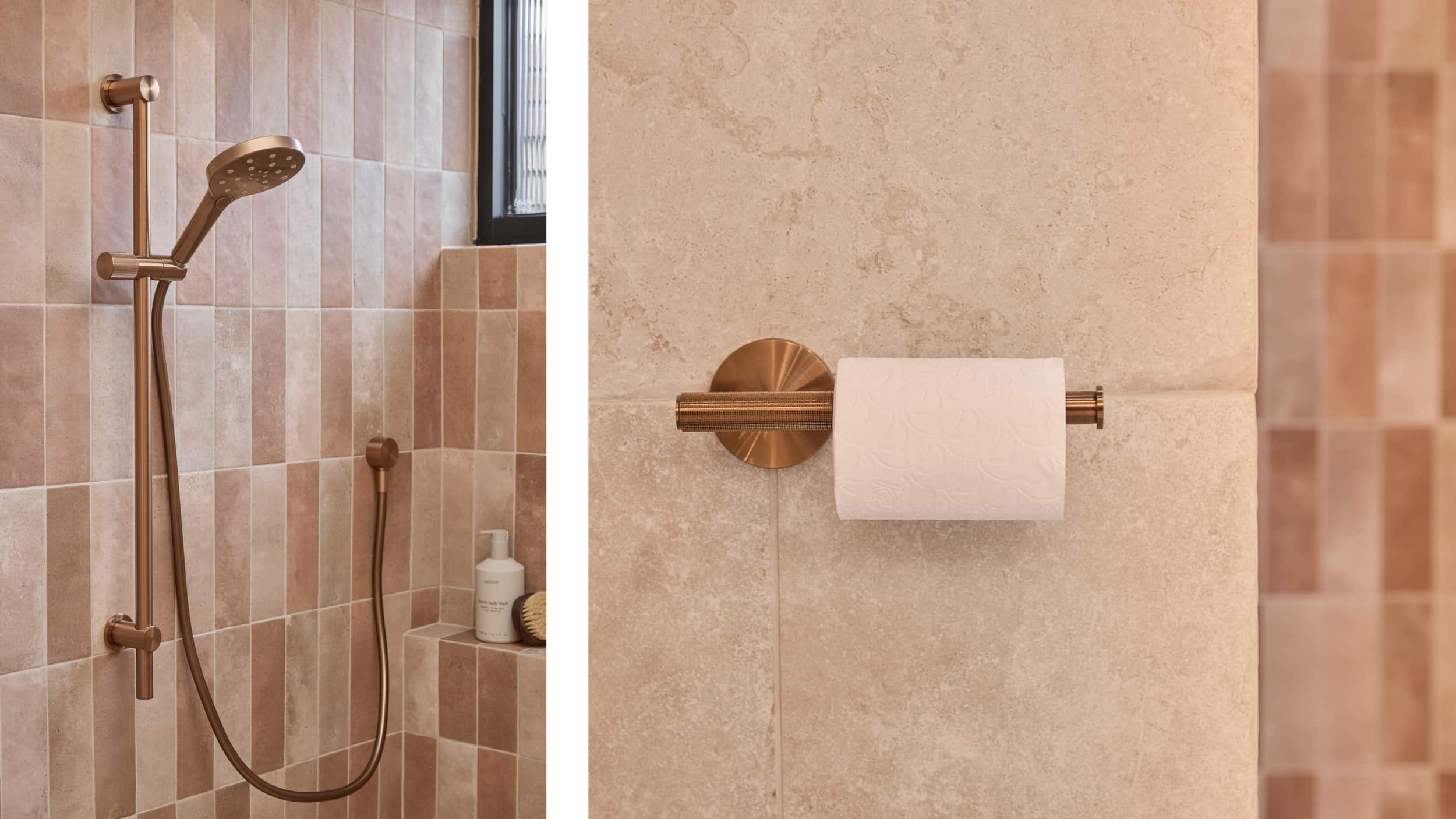 Brushed bronze fixtures in a spa like bathroom including hand shower and toilet roll holder