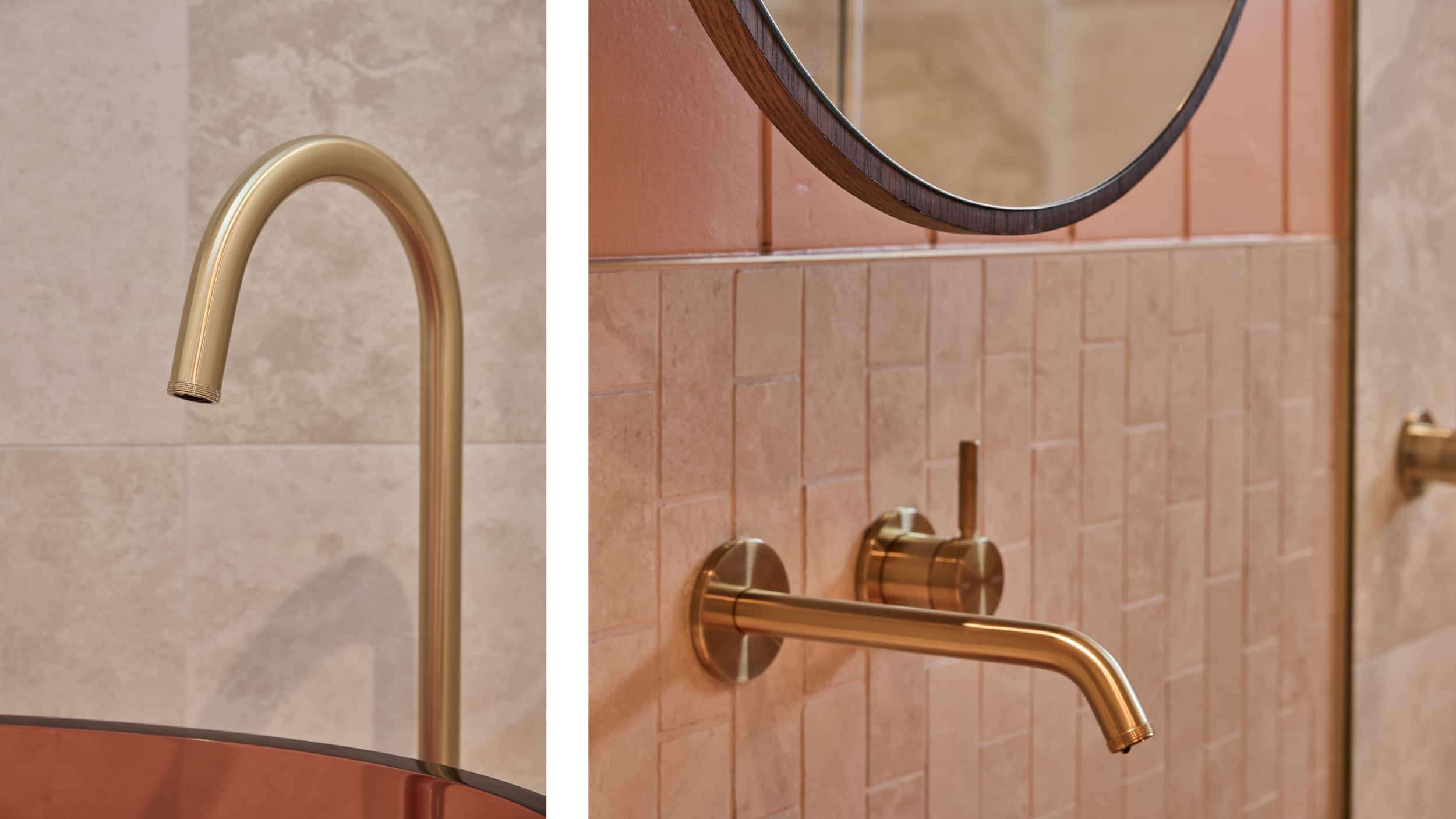 Two close up photos of brushed gold tapware in a sleek, blush-coloured bathroom