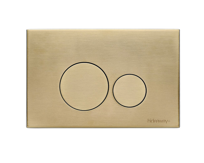 A brushed brass, round button access plate